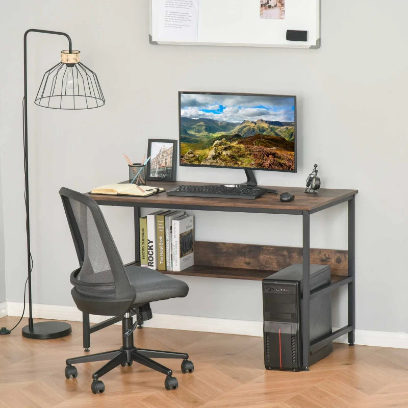 Rustic Brown Computer Desk with Storage Shelf - 120x60cm Home Office Study Table, Metal Frame, Easy Assembly