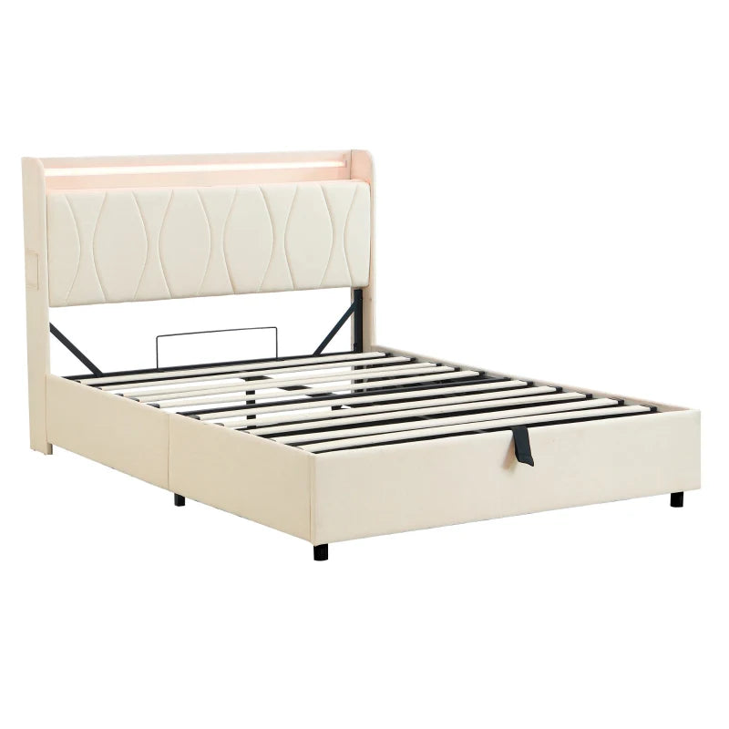 Double Upholstered Bed with LED Headboard & USB Ports - Hydraulic Storage Bed, Beige, 207x136x105 cm - Modern Charging Station