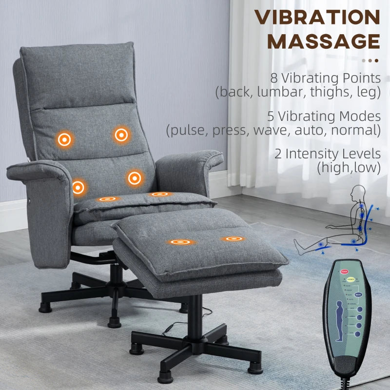 Upholstered Swivel Recliner Chair with Footstool, Remote-Controlled Massage Armchair, Timer and Steel Base in Grey