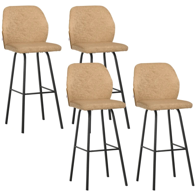 Set of 4 Linen-Touch Upholstered Bar Stools with Backs, Steel Legs - Light Brown Kitchen Chairs for Dining Room