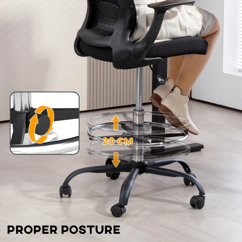 Ergonomic Draughtsman Chair - Mesh Drafting Office Chair with Flip-Up Armrests & Adjustable Foot Ring - Black
