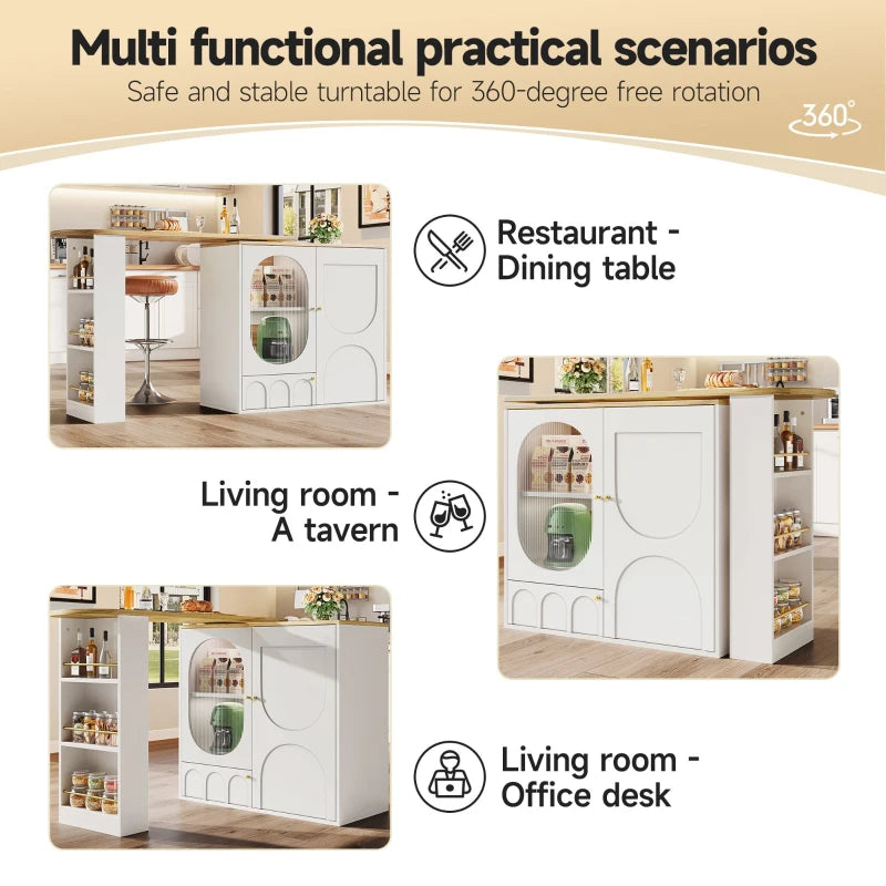 360° Rotating Bar Table with Storage Shelves & Metal Handles - Multi-Functional Dining Table & Sideboard, White, 204L x 39W x 105H cm