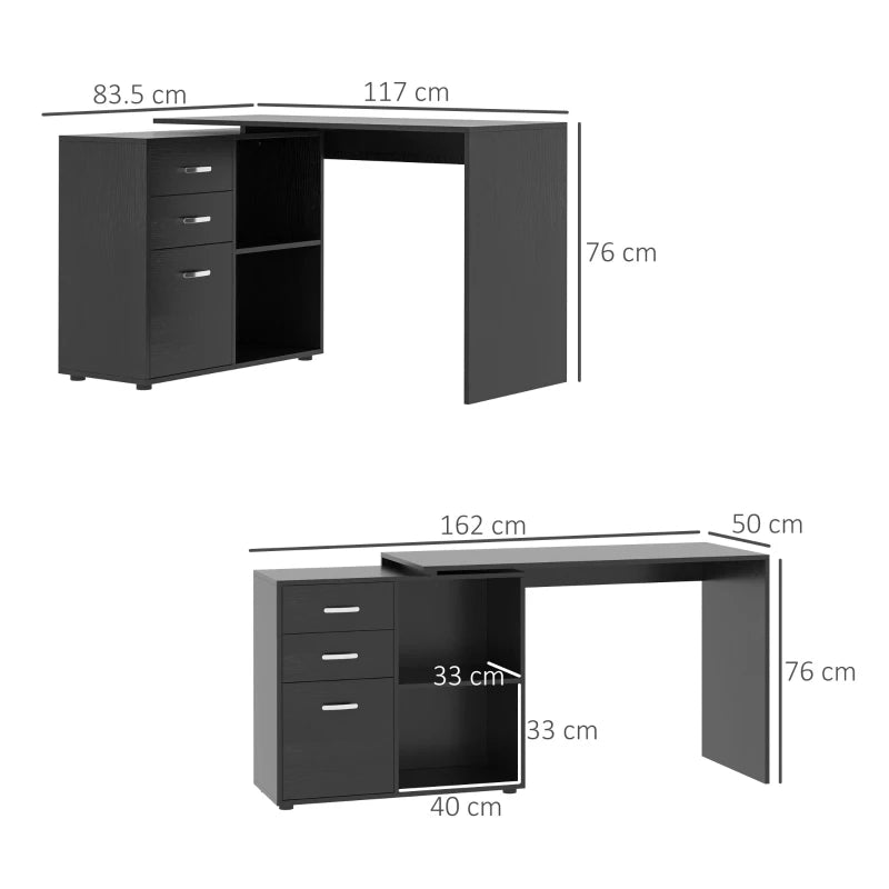 L Shaped Computer Desk with Drawers & File Cabinet - Reversible Home Office Study Table, 117x83.5cm, Black