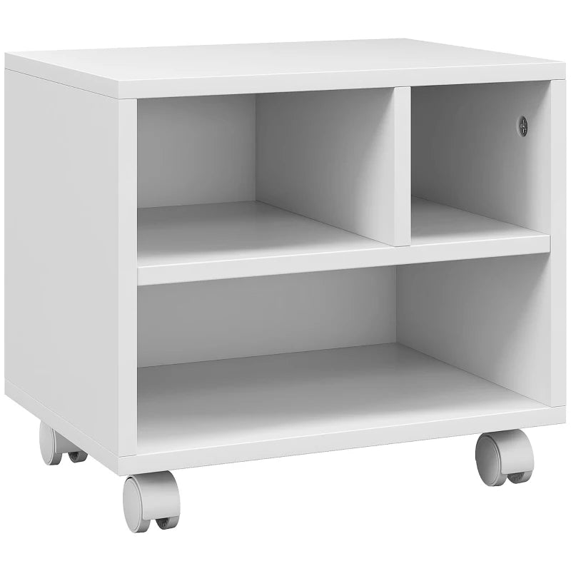 Versatile Three-Compartment Printer Cabinet on Wheels - Stylish White Storage Solution for Home Office and Workspace