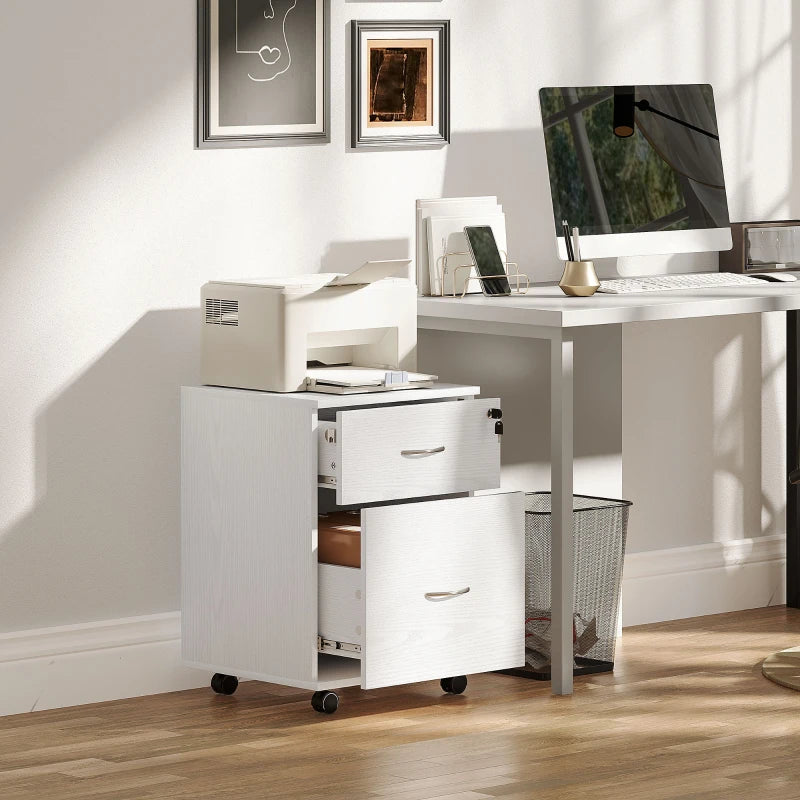 Lockable Two Drawer Filing Cabinet - White Wood Grain - Secure Storage Solution for Home or Office Organization