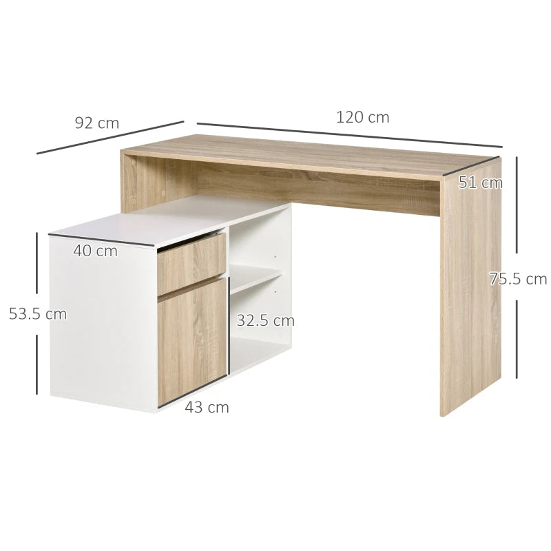 L-Shaped Corner Computer Desk with Storage Drawer & Adjustable Shelf - Oak & White Home Office Furniture, 120x92x75cm