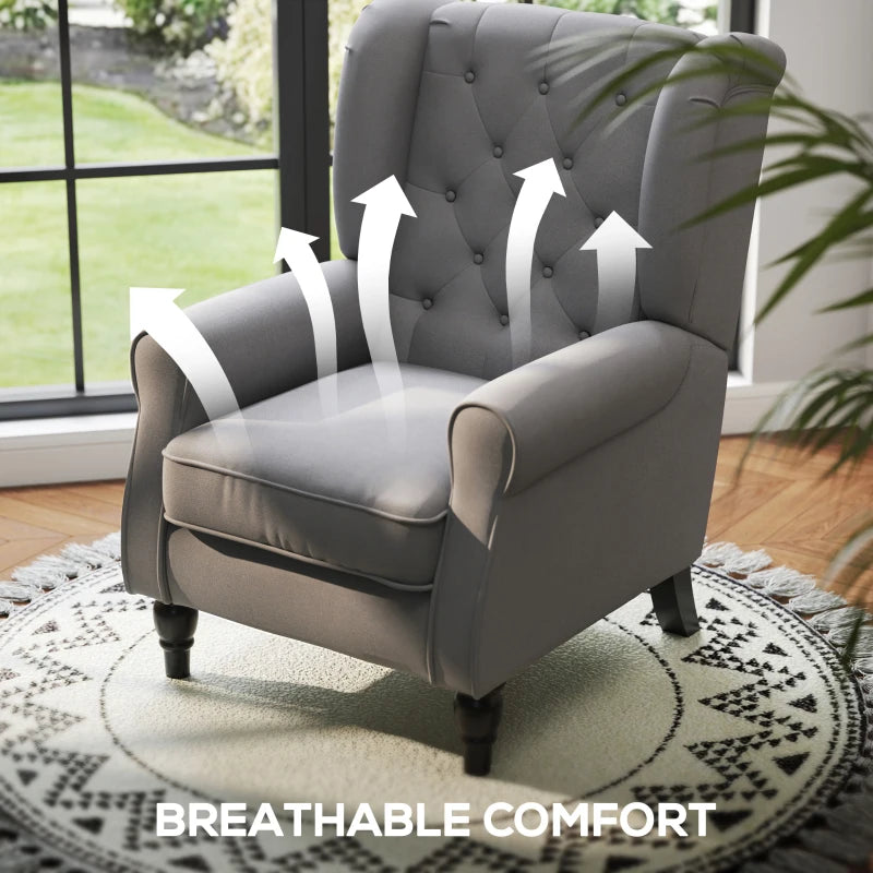 Stylish Retro Linen Wingback Armchair with Button Tufting and Wooden Frame for Living Room or Bedroom, Dark Grey