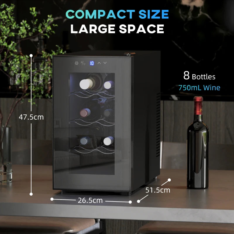 Mini Table Top Wine Fridge - 8 Bottle, 17L, Quiet Under Counter Cooler with Glass Door & Digital Control