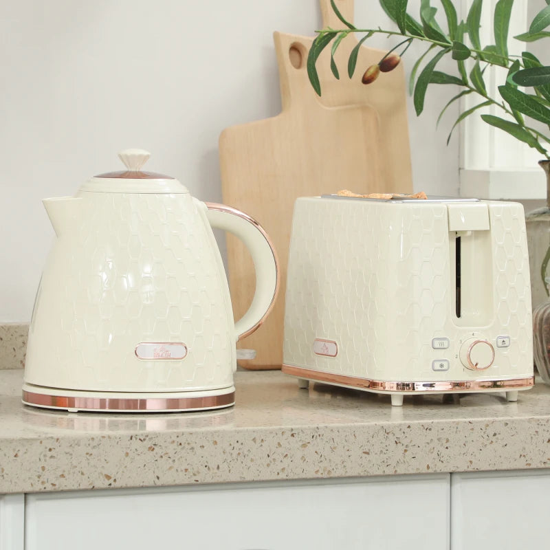 1.7L 3000W Fast Boil Kettle & 2 Slice Toaster Set - Beige, Auto Shut Off, Browning Controls, Kitchen Essentials