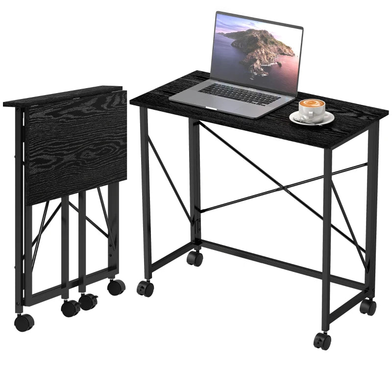 Compact 80 cm Folding Desk on Wheels - Versatile Black Mobile Workstation for Home Office, Study, and Small Spaces