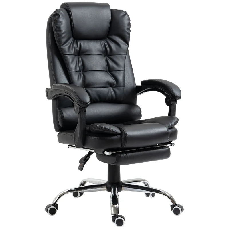 Executive PU Leather Office Chair with Swivel Wheels, Reclining Backrest & Retractable Footrest - Ergonomic Black Home Office Seating