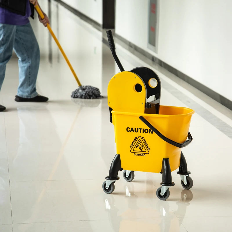 25L Yellow Mop Bucket with Wringer, Wheels & Handle - Heavy Duty Cleaning Tool for Home & Commercial Use