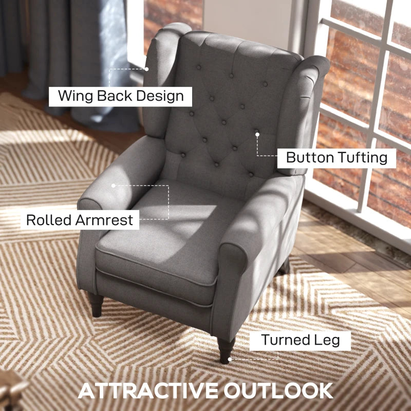 Stylish Retro Linen Wingback Armchair with Button Tufting and Wooden Frame for Living Room or Bedroom, Dark Grey