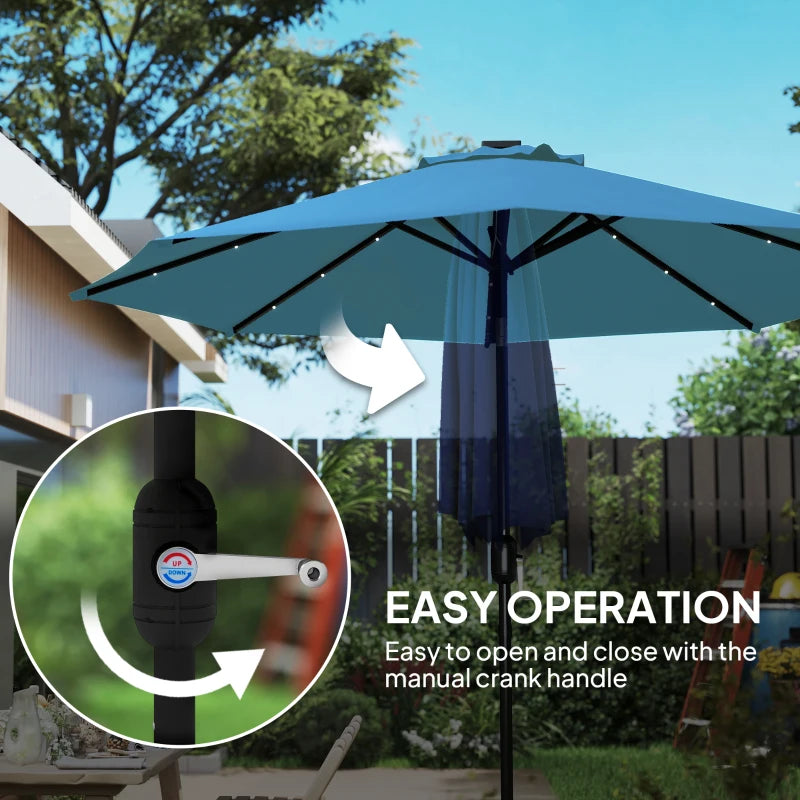 2.7m Blue LED Lighted Patio Umbrella - Outdoor Garden Parasol for Night Use