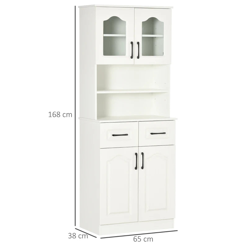 Freestanding Kitchen Cupboard Storage Cabinet - 168cm White with 2 Adjustable Shelves, 2 Drawers & Open Counter for Living Room/Dining Room