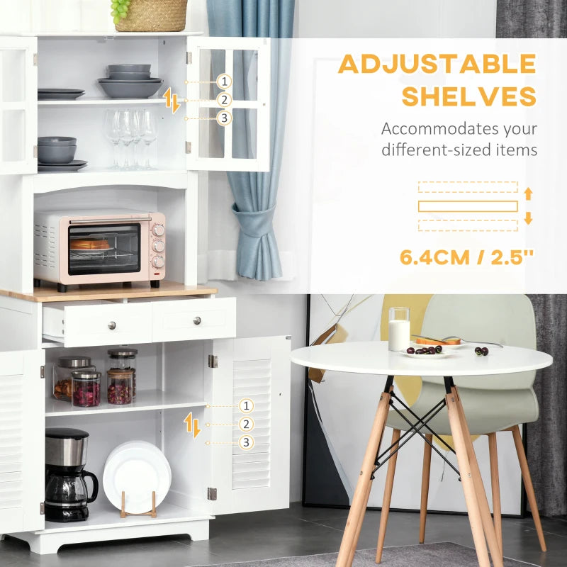 Modern Louvered Kitchen Cupboard - Stylish Storage Cabinet with Framed Glass Doors & 2 Drawers in White