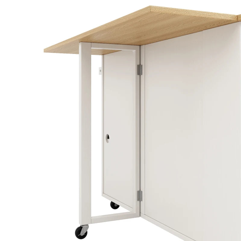 Space-Saving Kitchen Island Trolley with Power Strip, Folding Design & Wine Rack - White & Natural, 131.5L x 76W x 91H cm