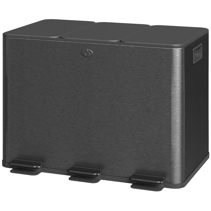 3 x 20L Steel Pedal Bin Set - Triple Kitchen Trash Can with Soft Close Lid, Removable Buckets, Fingerprint-Proof, Black