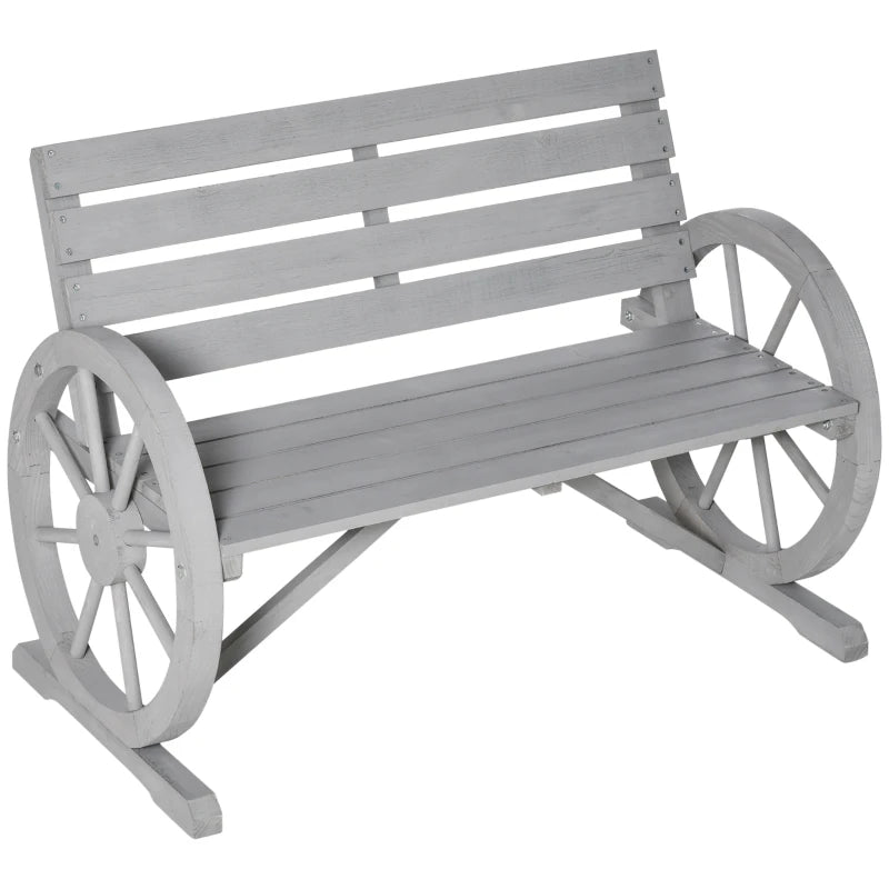 Grey Wooden Garden Bench with Wagon Wheel Design