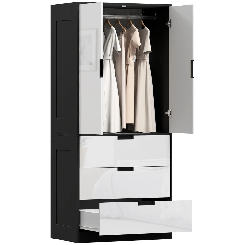 Modern 2 Door Wardrobe with 3 Drawers and Hanging Rod for Stylish Bedroom Storage