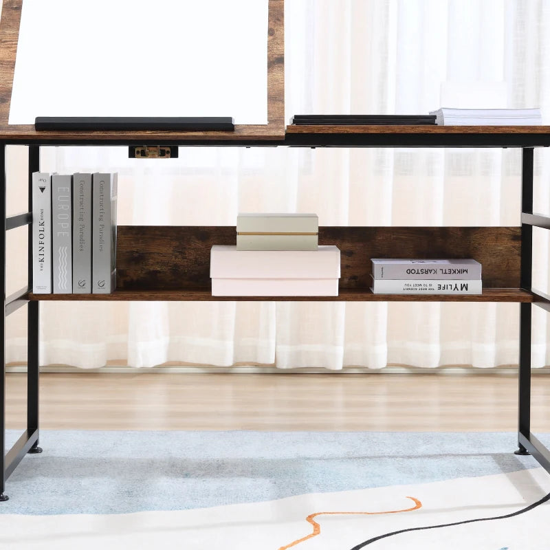 Adjustable Drafting Table Art Desk - Multifunctional Craft Workstation with 15-Level Tiltable Top & Storage Shelf - Rustic Brown