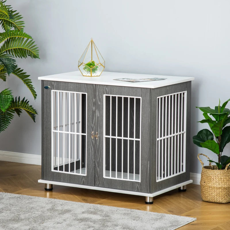 Wooden Dog Crate End Table Kennel with Lockable Door for Small & Medium Dogs - Grey & White, 85x55x75 cm
