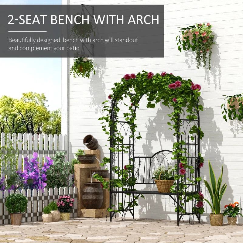 Black Metal Garden Arch Bench with Rose Trellis - Outdoor 2-Seater Arbour Pergola