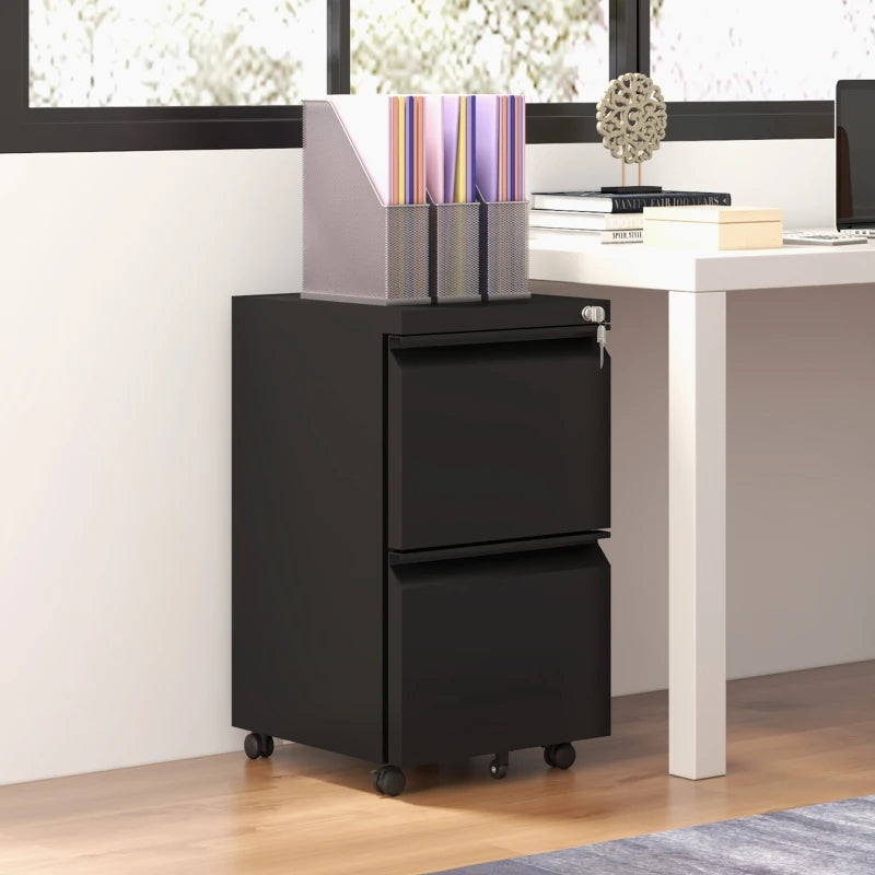 Vinsetto 2-Drawer Mobile Filing Cabinet - Lockable Steel File Storage for Letter, A4 & Legal Size - Pre-Assembled, Black