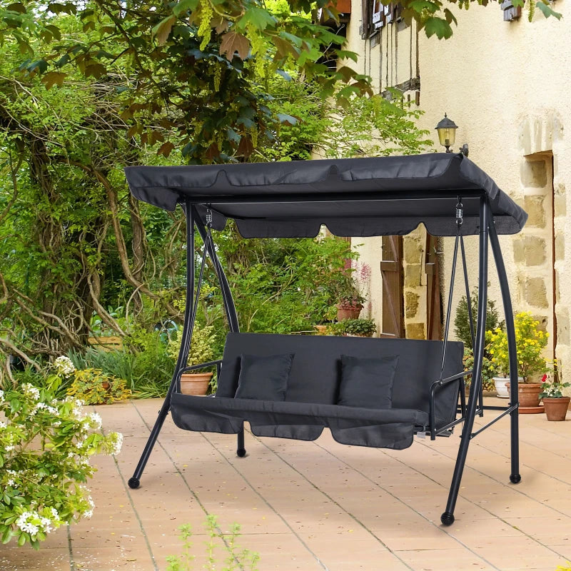 Dark Grey 3-Seater Outdoor Patio Swing Bed with Canopy & Cushion