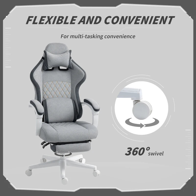 Ergonomic High Back Gaming Chair with Footrest - Velvet Recliner, Lumbar Support, Adjustable Height, 360° Swivel - Grey