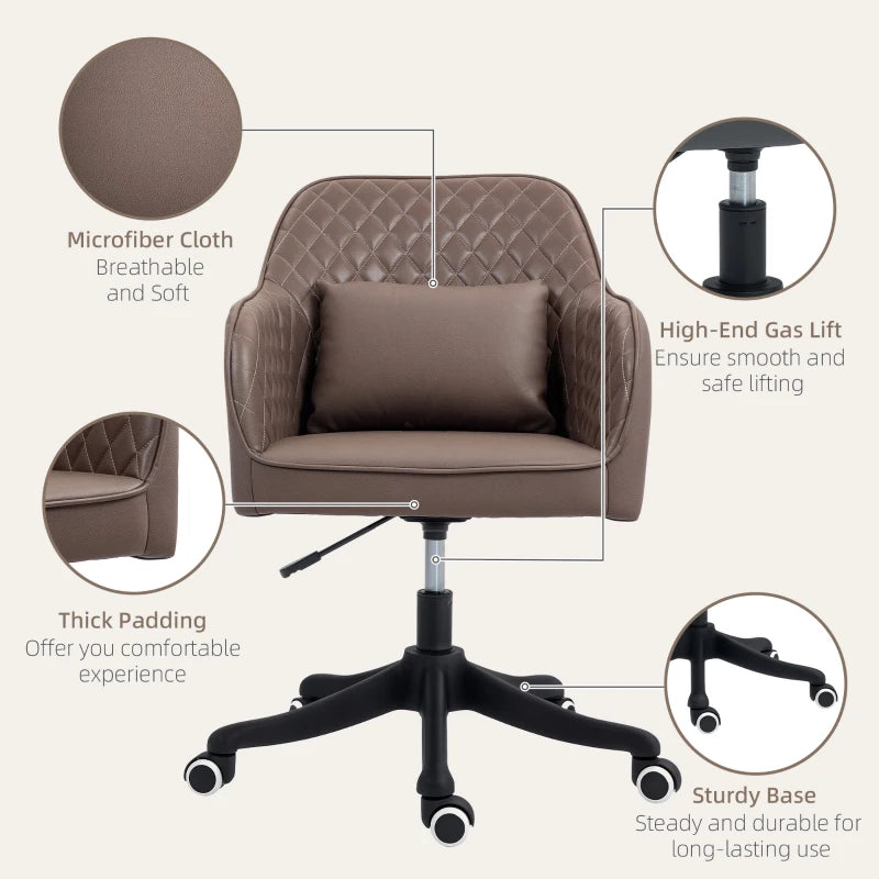 Vinsetto Brown Microfiber Office Chair with Massage Lumbar Pillow, Rolling Wheels - Ideal for Desk, Makeup Vanity & Home Use