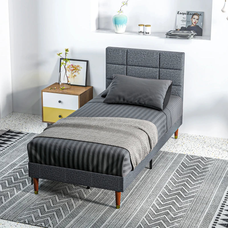 Stylish Grey Upholstered Single Bed Frame with Slats 161x208x121cm for Modern Bedrooms