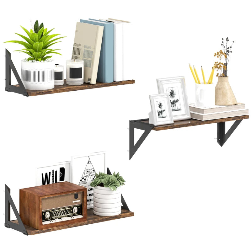 Set of 3 Vintage Wall Mounted Floating Shelves - 43cm Rustic Brown for Living Room, Entryway, Bedroom Decor