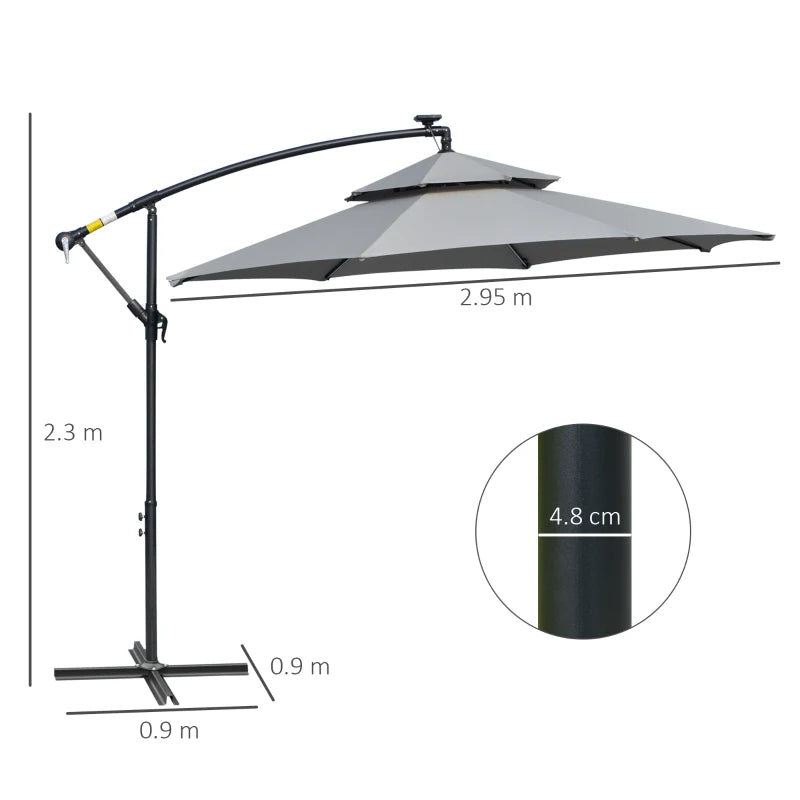 Light Grey Cantilever Hanging Umbrella with LED Solar Lights