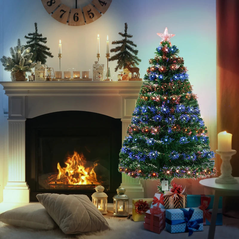4ft Prelit Artificial Christmas Tree with Multi-Colored Fiber Optic LED Lights - Festive Holiday Home Decoration, Green Xmas Tree