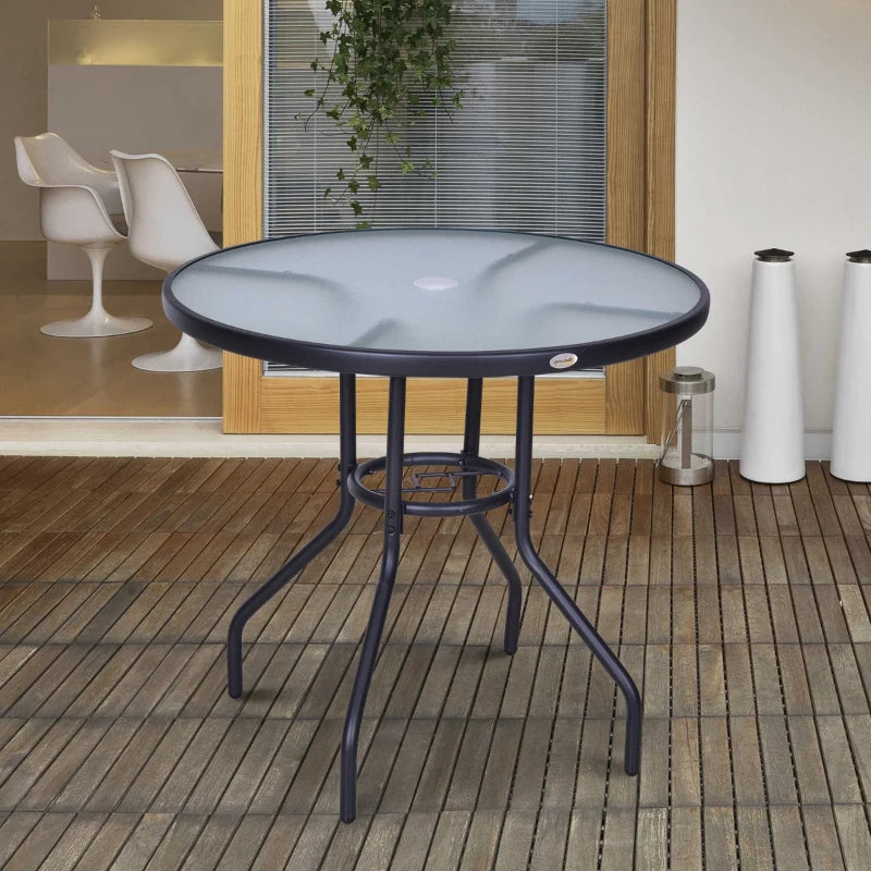Round Glass Top Steel Frame Outdoor Dining Table - Black