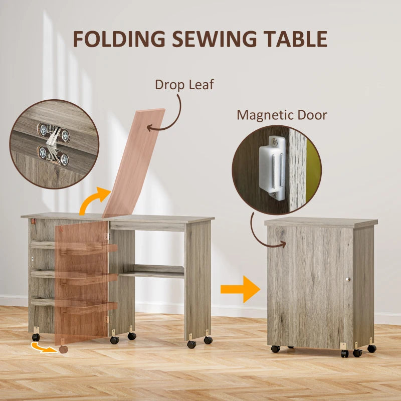 Folding Sewing Table with Drop Leaf & Storage Bins - Rolling Craft Table for Small Spaces, Grey