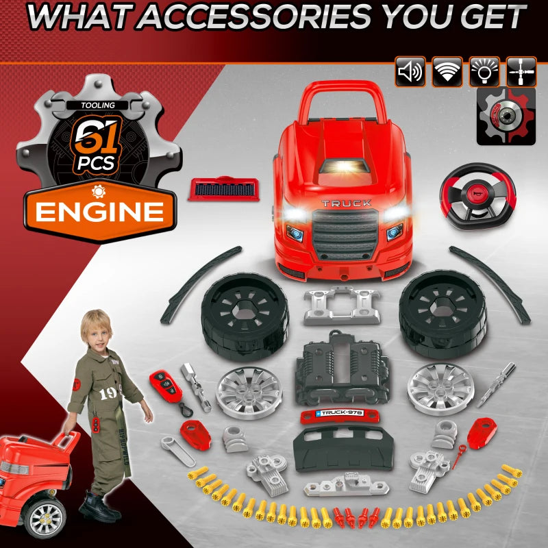 Kids Truck Engine Toy Set Educational Car Service Station Playset Take Apart Workshop with RC Car Key Steering Wheel Horn Light for Toddlers Ages 3 to 5 Red