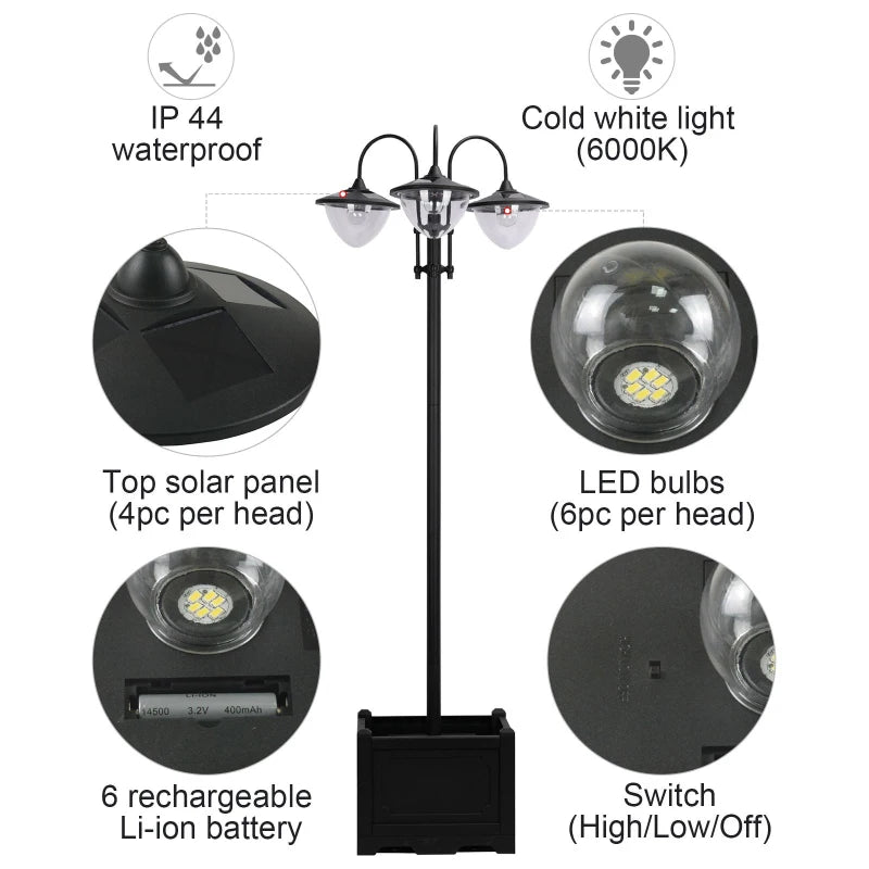 189cm 3-Head Solar Lamp Post with Planter Automatic On 6 Hour Max Outdoor LED Street Light Black
