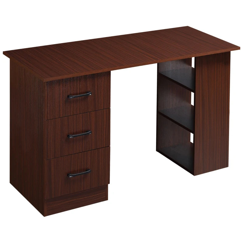 Walnut Brown Computer Desk with 3 Storage Shelves & Drawers - Stylish Writing Table for Home Office, Black Handle