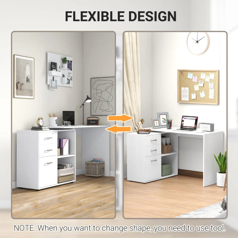 L Shaped Computer Desk with Drawers & File Cabinet - Reversible Home Office Study Table, 117x83.5x76cm, White