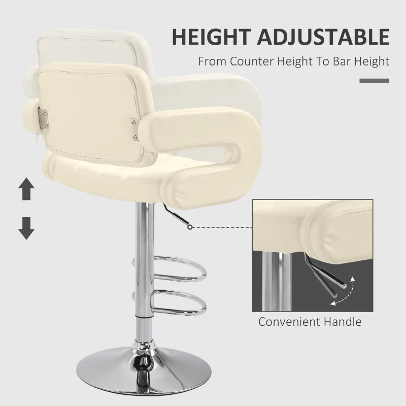 Set of 2 Upholstered Swivel Bar Stools - Height Adjustable with Back, Armrest & Footrest - Modern White Kitchen Seating