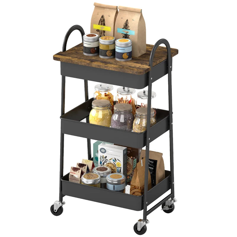 Rustic Brown & Black 3-Tier Kitchen Storage Trolley on Wheels with Cover Top Board - Stylish & Functional