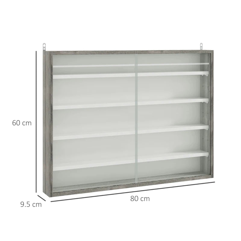 5-Tier Wall Display Shelf Unit with 4 Adjustable Shelves & Glass Doors - Grey Wood Grain Cabinet for Home Office Decor 60x80cm