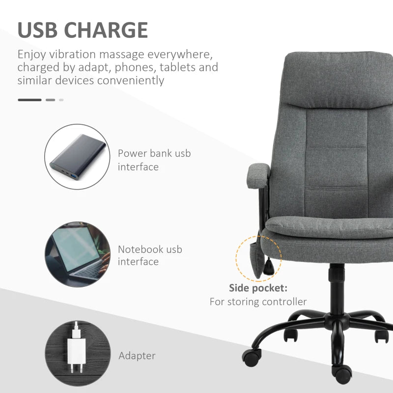 Vinsetto Grey Office Chair with Linen Fabric, 2-Point Lumbar Massage, Adjustable Height & Rolling Wheels - Ergonomic Desk Chair