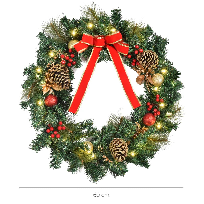 60cm Pre-Lit Artificial Christmas Wreath with Holly, Pine Cones & LED Lights - Glittered Indoor/Outdoor Holiday Decor