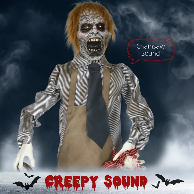5.5ft Life-Size Chainsaw Killer Halloween Animatronic with Light-Up Eyes & Sound Activation – Scary Indoor Party Decoration