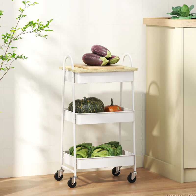 3-Tier Kitchen Storage Trolley on Wheels with Cover Top Board - Stylish White and Oak Design for Easy Organization