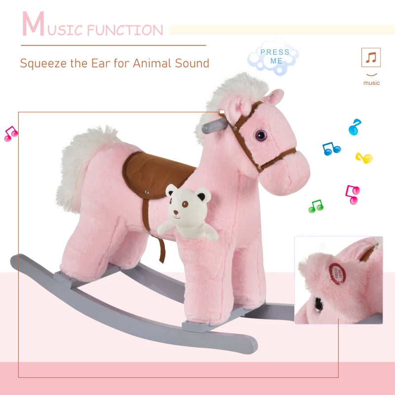 Kids Plush Rocking Horse Toy with Realistic Sounds - Soft Ride-On Rocker for Toddlers 18-36 Months - Pink