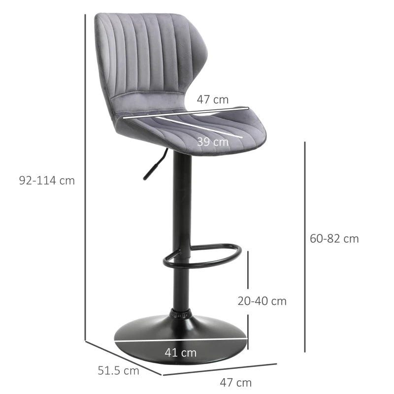 Stylish Grey Velvet Bar Stool Set of 2 - Adjustable Height Swivel Counter Chairs with Footrest for Modern Home Decor
